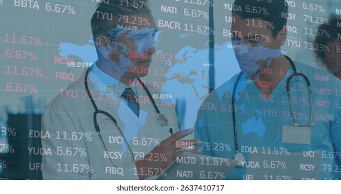 Image of data processing over group of diverse doctors. Global medicine, technology, data processing and digital interface concept digitally generated image.