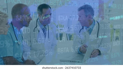 Image of data processing over group of diverse doctors. Global medicine, technology, data processing and digital interface concept digitally generated image.