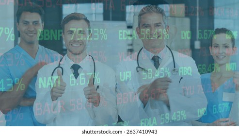 Image of data processing over group of diverse doctors. Global medicine, technology, data processing and digital interface concept digitally generated image.