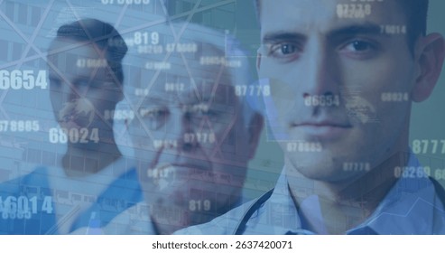 Image of data processing over group of diverse doctors. Global medicine, technology, data processing and digital interface concept digitally generated image.