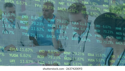 Image of data processing over group of diverse doctors. Global medicine, technology, data processing and digital interface concept digitally generated image.