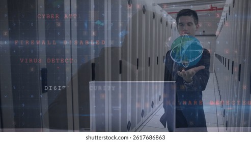 Image of data processing over hacker, computer servers and caucasian businessman. global internet security, data processing and digital interface concept digitally generated image.
