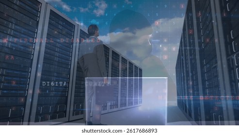 Image of data processing over hacker, computer servers and caucasian businessman. global internet security, data processing and digital interface concept digitally generated image.