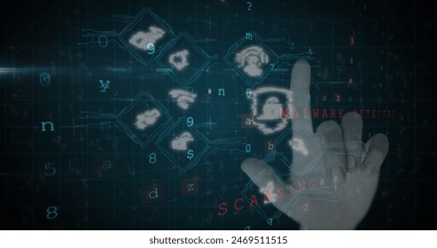Image of data processing over hand. global business and digital interface concept digitally generated image.