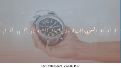 Image of data processing over hand with clock. Global business and digital interface concept digitally generated image.