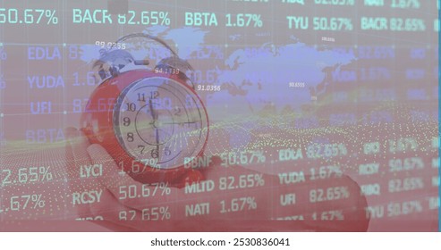 Image of data processing over hand with clock. Global education and digital interface concept digitally generated image.