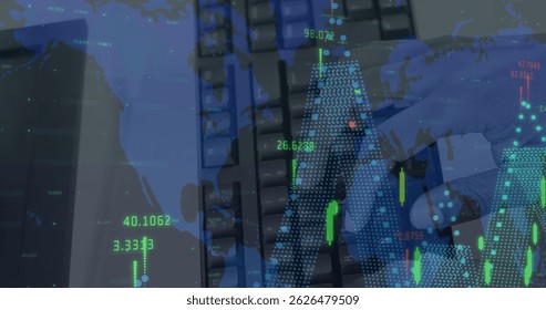 Image of data processing over hand using keyboard. global business and digital interface concept digitally generated image.