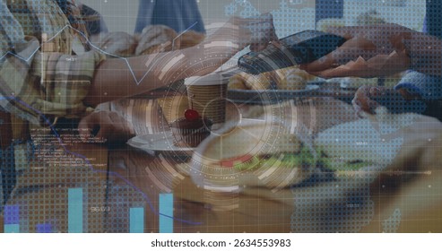 Image of data processing over hand paying in shop. Global business and digital interface concept digitally generated image.