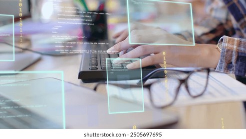 Image of data processing over hands of biracial businesswoman using computer at casual office. Connection, business, digital interface, data and communication, digitally generated image. - Powered by Shutterstock