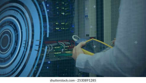 Image of data processing over hands of caucasian male engineer checking wires. computers, network, data processing, technology and digital interface concept digitally generated image.