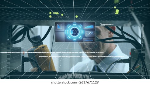Image of data processing over hands of caucasian male engineer checking wires. computers, network, data processing, technology and digital interface concept digitally generated image.