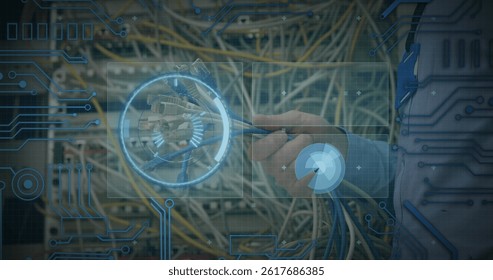 Image of data processing over hands of caucasian man holding computer wires. image of data processing over caucasian woman checking computer wires.