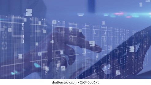 Image of data processing over hands of caucasian woman using tablet. Data processing communication and technology concept digitally generated image. - Powered by Shutterstock - Get 15% off with code: PIKWIZARD15