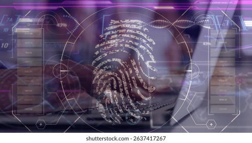 Image of data processing over hands using laptop. Computer security day and celebration concept digitally generated image.