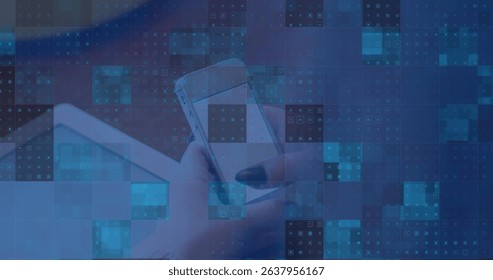 Image of data processing over hands using smartphone. Global business and digital interface concept digitally generated image. - Powered by Shutterstock - Get 15% off with code: PIKWIZARD15