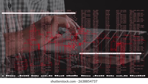 Image of data processing over hands using laptop. Global business and digital interface concept digitally generated image.