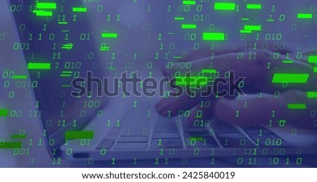 Image of data processing over hands using laptop in office. Global business and digital interface concept digitally generated image.