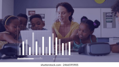 Image of data processing over happy diverse female teacher and pupils using laptop in class. Communication, technology, school, childhood, education and learning, digitally generated image.