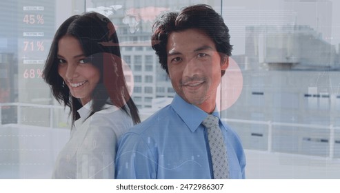 Image of data processing over happy diverse business people. Global business, finances, computing and data processing concept digitally generated image.