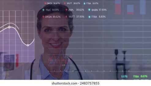 Image of data processing over happy caucasian female doctor. Global medicine, computing and data processing concept digitally generated image.