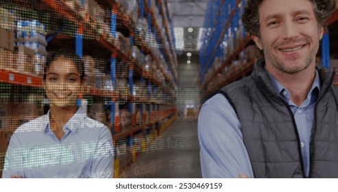 Image of data processing over happy diverse workers in warehouse. global business and digital interface concept digitally generated image. - Powered by Shutterstock