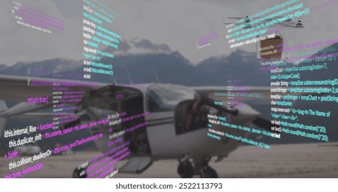 Image of data processing over helicopter and mountain landscape. Global delivery, shipping and digital interface concept digitally generated image. - Powered by Shutterstock - Get 15% off with code: PIKWIZARD15