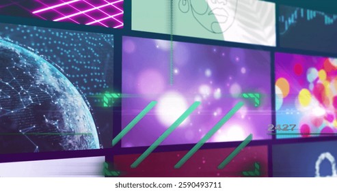 Image of data processing over images on blue background. Global technology, computing and digital interface concept digitally generated image.