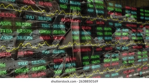 Image of data processing over junkyard. Global science, connections, data processing and digital interface concept digitally generated image.