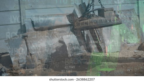 Image of data processing over junkyard. Global science, connections, data processing and digital interface concept digitally generated image.