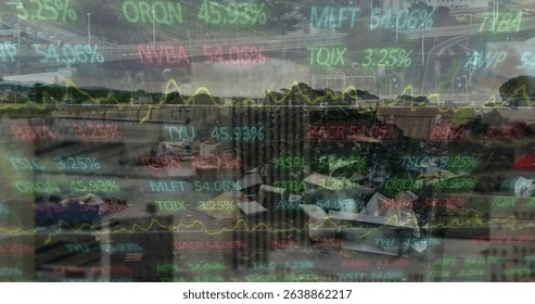 Image of data processing over junkyard. Global science, connections, data processing and digital interface concept digitally generated image.
