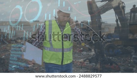 Image of data processing over junkyard worker. Global science, connections, data processing and digital interface concept digitally generated image.