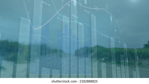Image of data processing over landscape. Global business and digital interface concept digitally generated image.
