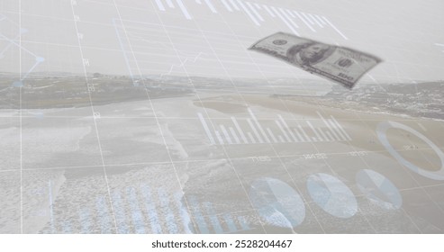 Image of data processing over landscape and banknotes. Global business and digital interface concept digitally generated image.