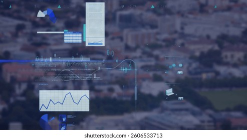Image of data processing over landscape. global connections, digital interface and technology concept digitally generated image.