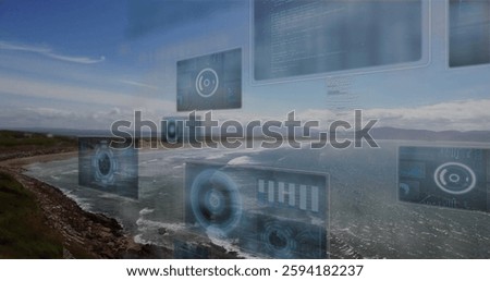 Image of data processing over landscape. Technology, nature and digital interface concept digitally generated image.