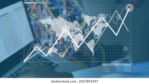 Image of data processing over laptop by computer servers. Global business, finances, computing and data processing concept digitally generated image.