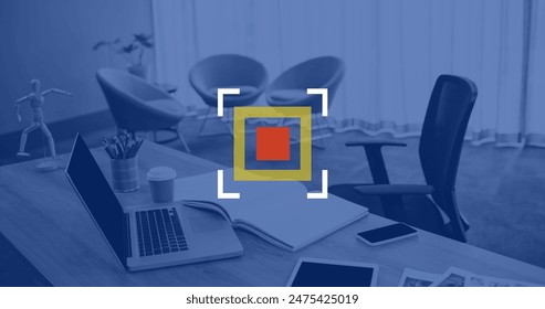 Image of data processing over laptop in office, copy space. Global sports, competition, business, finance, digital interface, computing and data processing concept digitally generated image