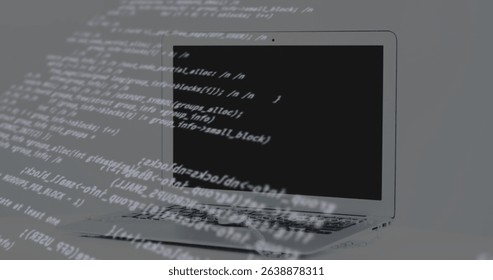 Image of data processing over laptop. Global business and digital interface concept digitally generated image.