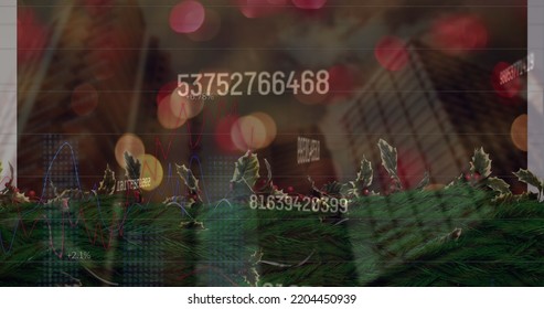 Image of data processing over leaves. Global business and digital interface concept digitally generated image.