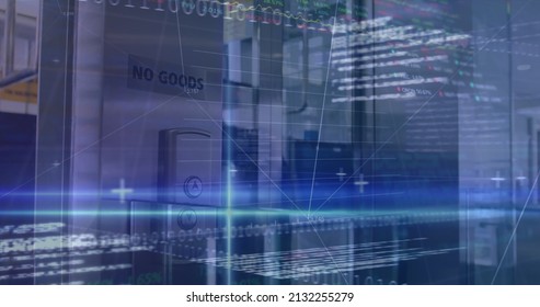 Image of data processing over lift in office. global business, finances and digital interface concept digitally generated image.