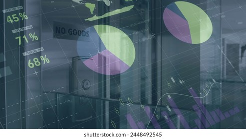 Image of data processing over lift in office. global business, finances and digital interface concept digitally generated image.