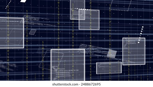 Image of data processing over light trails on black background. Global technology, computing and digital interface concept digitally generated image.