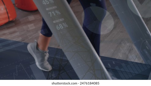 Image of data processing over low section of women running on treadmill against network towers. Sports fitness and business data technology concept - Powered by Shutterstock