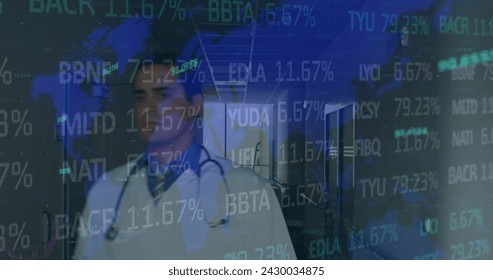 Image of data processing over male doctor with stethoscope. medicine, digital interface and data processing concept digitally generated image.