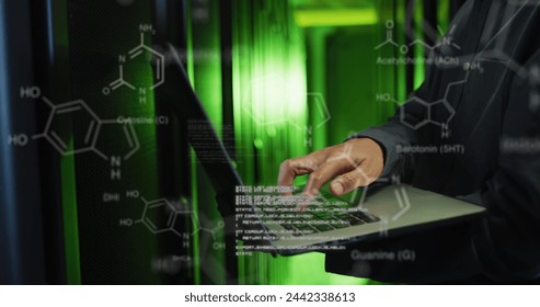 Image of data processing over male it engineer with laptop checking computer servers. data processing, cloud computing concept and technology concept digitally generated image.