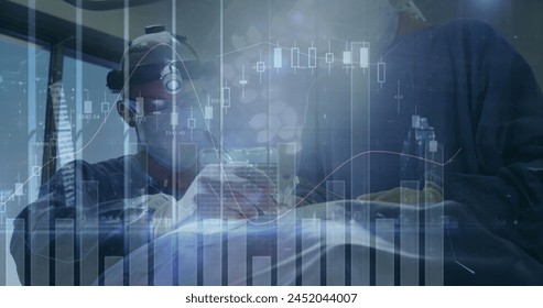 Image of data processing over male and female surgeon performing operation at hospital. Medical healthcare and technology concept