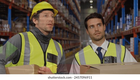 Image of data processing over male warehouse workers. Global shipping delivery and connections concept digitally generated image.