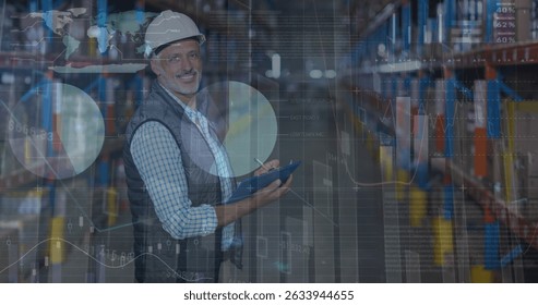 Image of data processing over male worker in warehouse. Global business and digital interface concept digitally generated image.