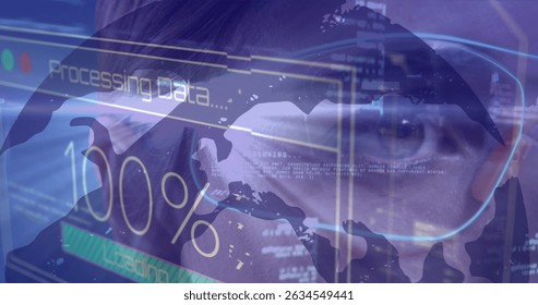 Image of data processing over male eye. Global business, finances, data processing and digital interface concept digitally generated image.