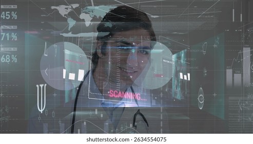 Image of data processing over male doctor. Global medicine, computing and digital interface concept digitally generated image.